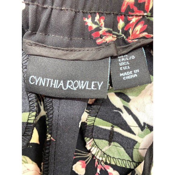 Cynthia Rowley Pants Womens Large Floral Black‎ Flowers Elastic Waist Pockets - Picture 5 of 6